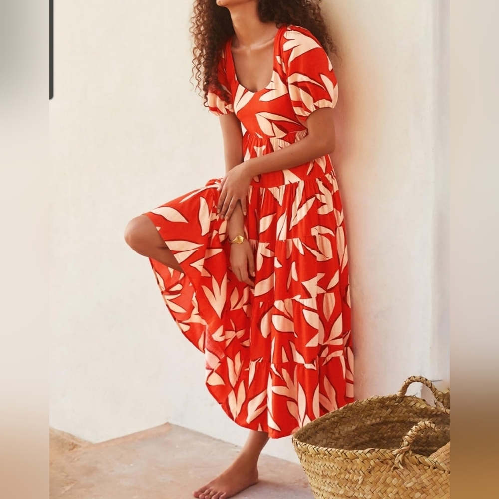 NEW!!! Vibrant Orange and White Floral Print Maxi Dress, Sz XL,NWT
